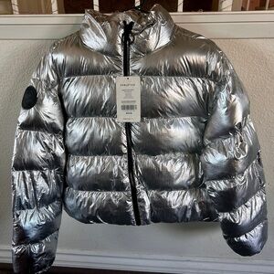 Fabletics Metallic Silver Puffer Coat